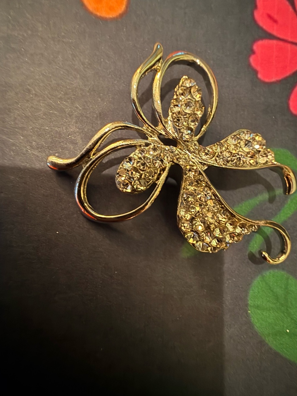 Gold Crystal Floral Bow Brooch - Women Jewelry